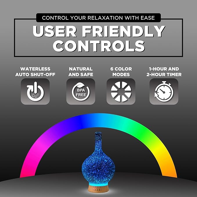 Aromatherapy Essential Oil Diffuser for Therapeutic Oils | 3D Glass Vase Cover with Colorful LED Light Display | Cool Mist Aroma Therapy Diffusers | Versatile Nightlight, Humidifier with Auto Shut-off Bloomnest