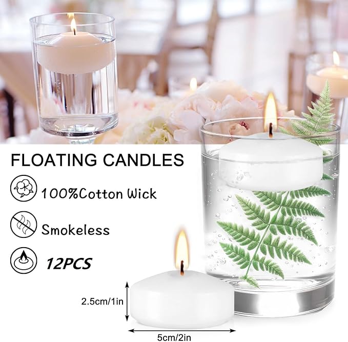 12 White Floating Candles, 2 Inch - Unscented, Perfect for Thanksgiving, Christmas & Gifts - Bloomnest