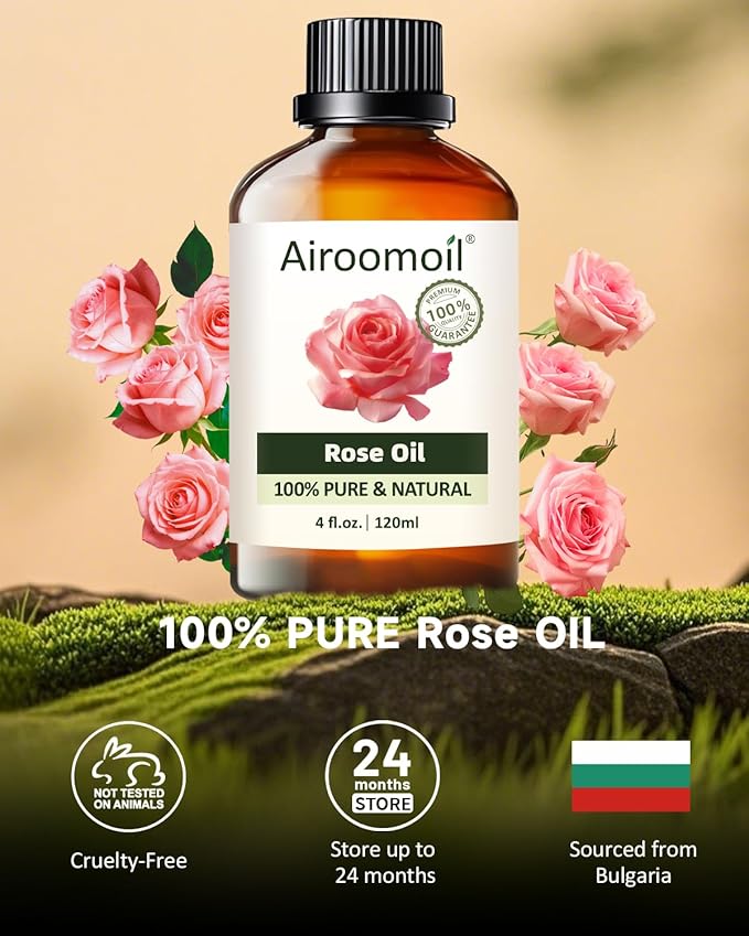 Rose Essential Oil 4 fl oz, 100% Natural Rose Oil for Diffuser, Humidifier, DIY, Aromatherapy, Potpourri, Soft-to-Medium Floral Aroma, Large Value Bottle for Home Fragrance & Crafts Airoomoil