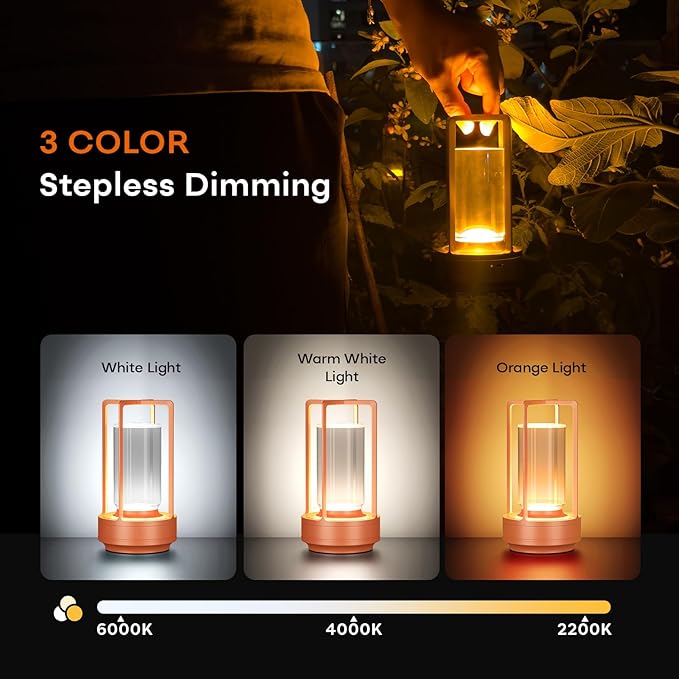 Portable Metal Table Lamp for Indoor/Outdoor ,Rechargeable Cordless LED Lamp, 3-Colour Infinitely Dimming Battery Powered Small Desk Lamp, Restaurant/Bedroom/Bar/Coffee Shop/Camping Light (Orange) - Bloomnest