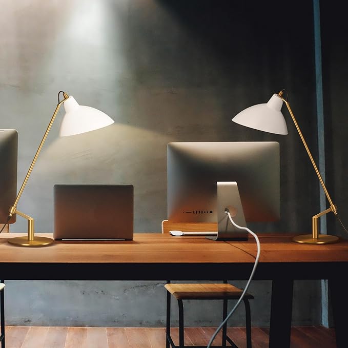 Desk Lamp Modern Industrial 100% Metal Table Lamp 22", Soft White Light (3000K) with Adjustable Switch, Ideal for Office Bedroom Study Room Living Room Nightstand Bedside Lamps White+Brass - Bloomnest