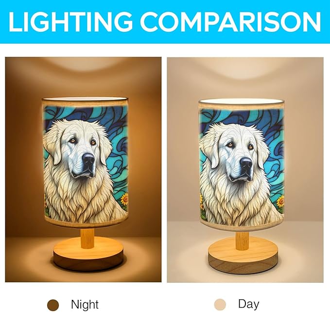 Great Pyrenees Table Lamp LED 3-Color Pressed Bedside, Dog Shade Lamp with Wood Base for Bedroom Living Room Desk Office - Bloomnest