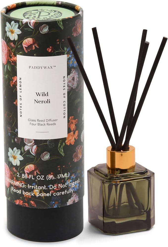 Paddywax Botanica Scented Oil Diffuser with Reeds in Reusable Greeen Glass Bottle, Tubed Gift Box, Includes Diffuser Sticks, Long-Lasting Fragrance, Reusable & Upcyclable, Wild Neroli, 2.8 fl oz PaddywaxCandles