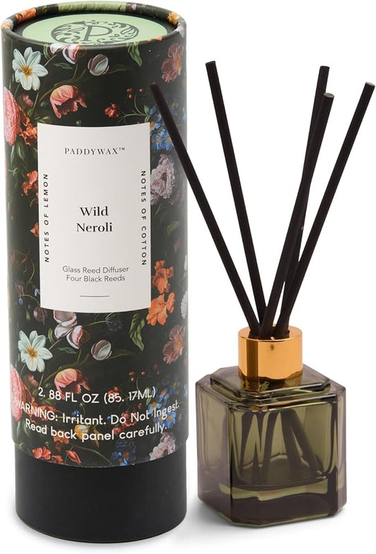 Paddywax Botanica Scented Oil Diffuser with Reeds in Reusable Greeen Glass Bottle, Tubed Gift Box, Includes Diffuser Sticks, Long-Lasting Fragrance, Reusable & Upcyclable, Wild Neroli, 2.8 fl oz PaddywaxCandles