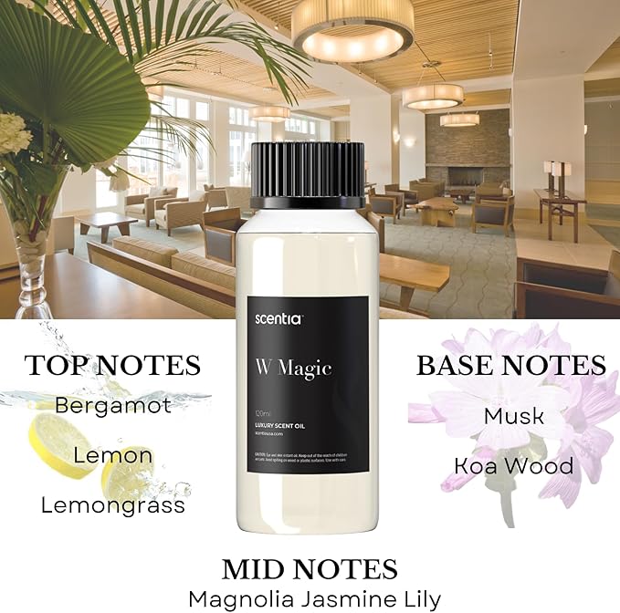Scentia W Magic Hotel Diffuser Oil - 120 mL 4.06 fl oz - Aromatherapy Fragrance Inspired by 5-Star Hotels | Notes of Bergamot, Lemongrass, Jasmine - Bloomnest