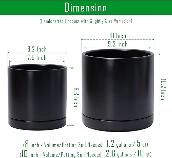 D'vine Dev 8.2 Inch & 10 Inch Ceramic Planter Pot for Plants with Drainage Hole and Saucer, Large Plant Pots Set, Black, 94-G-L-2 - Bloomnest