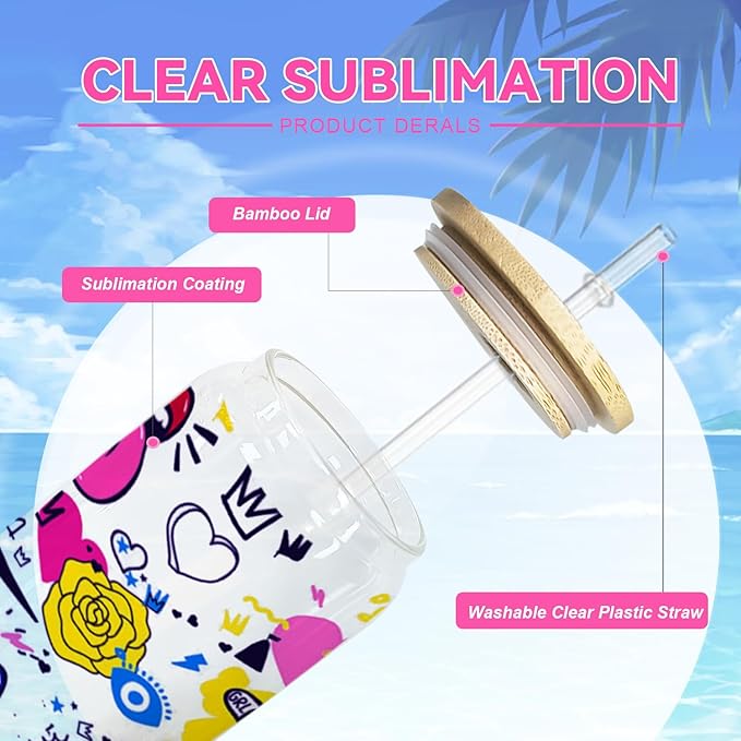 Sublimation Glass Cups Blanks with Bamboo Lids and Straws 50 Set 16 oz Reusable Iced Coffee Cup Beer Can Drinking Glasses, Cute Tumbler Cup for Smoothie Whiskey Boba Soda Tea Water - Bloomnest