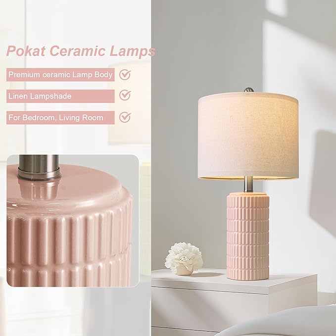 PoKat 20.75" Pink Ceramic Table Lamps Set of 2, Small Modern Bedroom Lamps for Girls Room, Bedside Lamps for Night Stands, Cute Lamps for Living Room Decor, Nightstands Desk Lamp, Light Pink - Bloomnest
