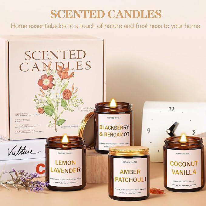 28oz Wood Wick Candles That Crackle: 4 Pack Scented Candles for Home Scented, Aromatherapy Candle Set with Crackling Wooden Wick Up to 200H Burning Candle Gift Set for Birthday Thanksgiving Christmas - Bloomnest