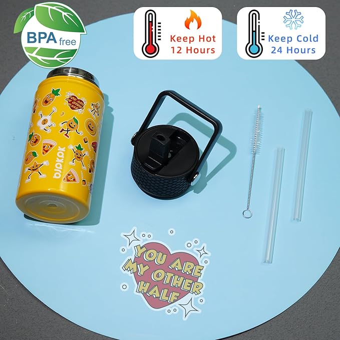 BJPKPK Insulated Water Bottle with Straw Lid, 15 oz Stainless Steel Metal Water Bottles, Reusable Leak Proof BPA Free Water Bottles, Cups, Thermo, Hawaii Fruits-Yellow - Bloomnest