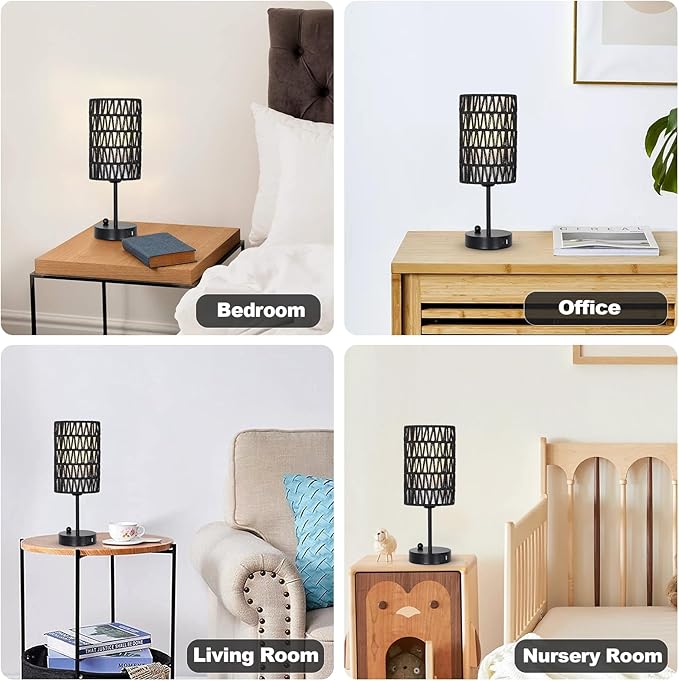 Black Bedside Lamps Set of 2, Touch Control Night Stand Lamp for Bedroom with Rattan & Linen Shade & Bulbs, 3 Way Dimmable Small Boho Table Lamps with USB Charging Port & Phone Stand - Bloomnest