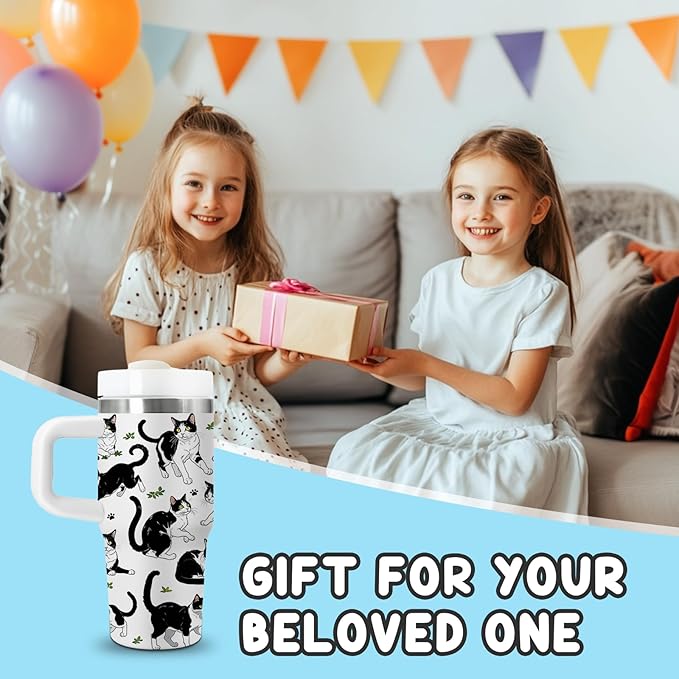 Cat Gifts for Kids - 14oz Cute Cow Cat Tumbler with Handle and Straw, Stainless Steel Insulated Water Cup, Leak Proof, for Sport, School, Travel - Cow Cats Lovers Children Birthday Gifts Cups(1pc) - Bloomnest