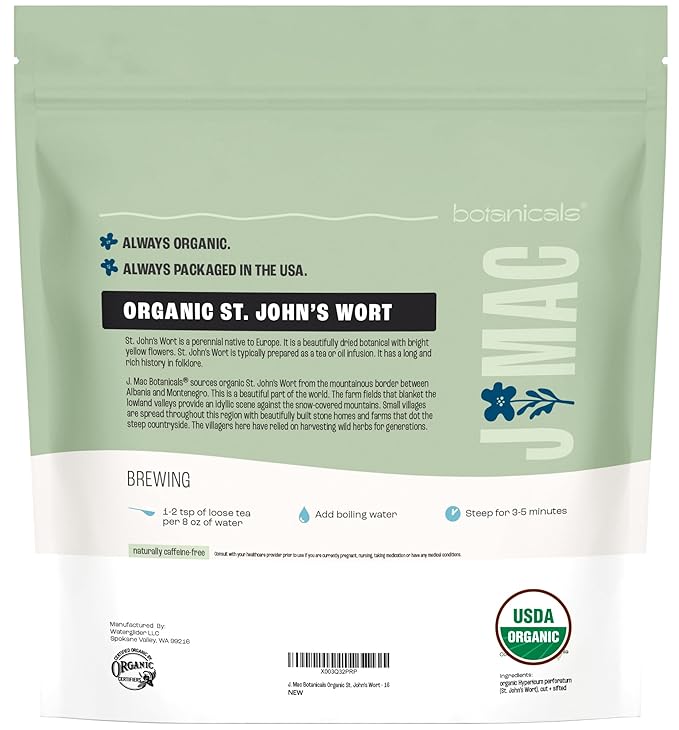 J Mac Botanicals, Organic St John's Wort (16 oz) Hypericum perforatum Loose Leaf Herbal Tea - Bloomnest
