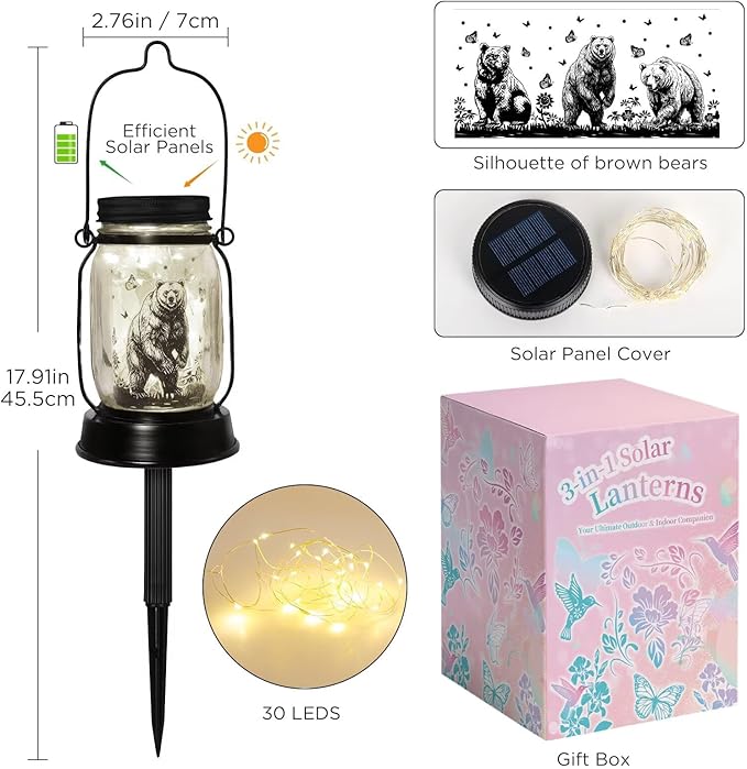 Bear Gifts for Women/Men Bear Lovers Solar Lantern Mom Birthday, Mothers Day, Christmas Gifts, Solar Garden Decoration Outside for Yard, Patio,Backyard,Porch, Torches - Bloomnest