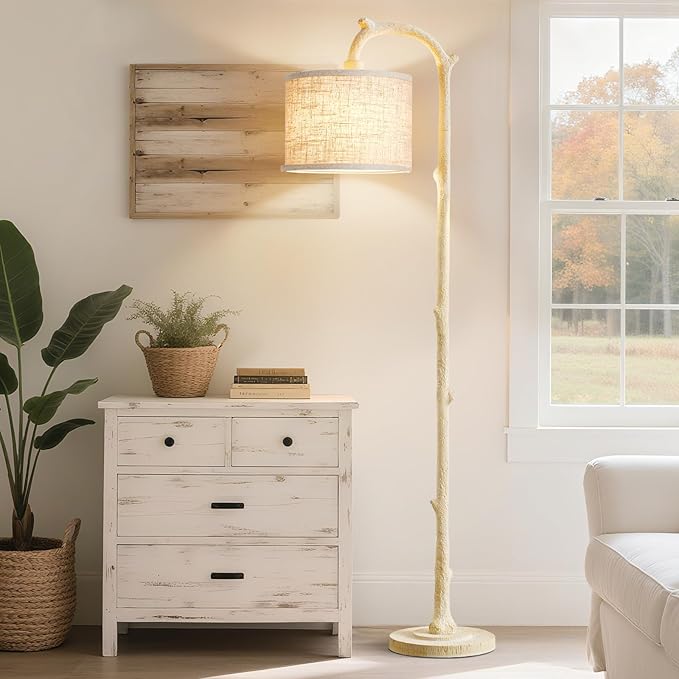 Floor Lamp for Living Room - 69" Rustic Farmhouse Tall Lamp with 3 Color Temperatures- Country Resin Vintage Reading Light Standing Lamps for Bedroom Office Classroom Home Decor, Almond White - Bloomnest