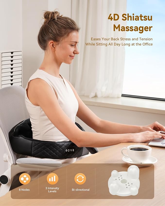 Shiatsu Neck and Back Massager with Heat, Neck and Shoulder Massager, 4D Deep Tissue Kneading Massage for Leg, Full Body Muscle Pain Relief, Ergonomic Design, Ideal Gifts for Women Men, Corded Use - Bloomnest