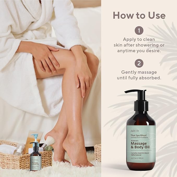 AiROM Lemongrass & Eucalyptus Massage Oil for Massage Therapy – Thai Spa Ritual - Scented Body Oil for Women – Hypoallergenic, Relaxing Aromatherapy, Non-Greasy, Nut-Free - 6.4 fl oz - Bloomnest