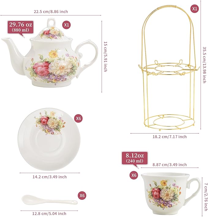 20-Pieces Porcelain Tea Sets For Women, Tea Set For Adult with Golden Metal Rack,Tea Gift Sets for Home&Party(012) - Bloomnest