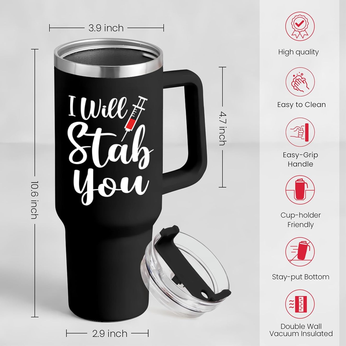 SANDJEST Nurse Gifts I Will Stab You Tumbler with Handle 40oz Stainless Steel Insulated Coffee Cup Funny Nurse Week Present, Nursing School Graduation, Appreciation Gifts for RN Nurses