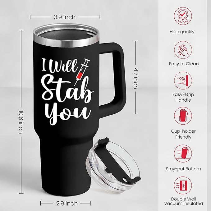 SANDJEST Nurse Gifts I Will Stab You Tumbler with Handle 40oz Stainless Steel Insulated Coffee Cup Funny Nurse Week Present, Nursing School Graduation, Appreciation Gifts for RN Nurses - Bloomnest