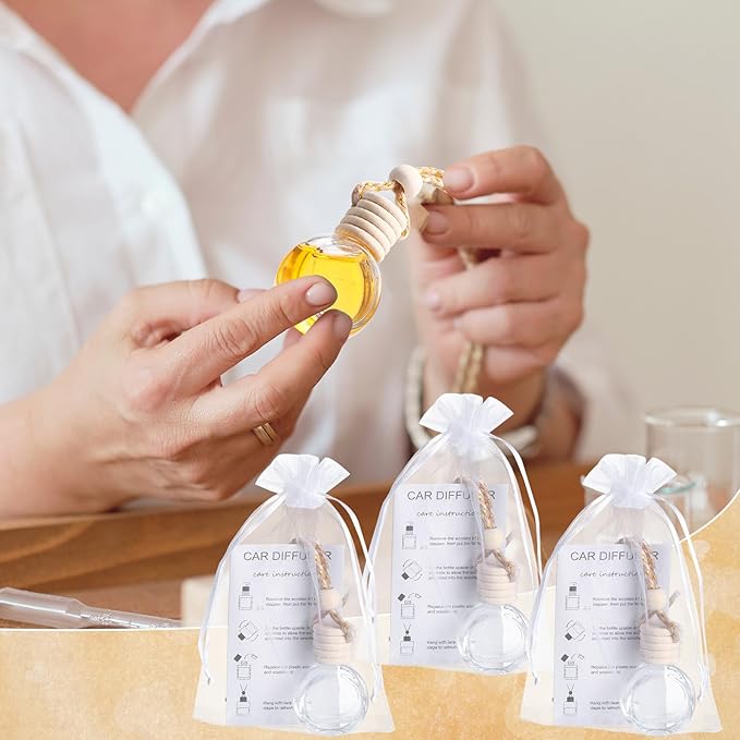 Boao 25 Sets Hanging Car Air Freshener Diffuser Bottles Empty Bulk with Car Diffuser Instruction Cards Organza Bags Glass Refillable Essential Oil Fragrance Aromatherapy Pendant (Round,Clear) - Bloomnest