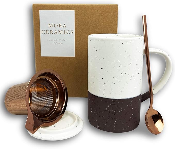 Mora Ceramics Tea Cup with Loose Leaf Infuser, Spoon and Lid, 12 oz, Microwave and Dishwasher Safe Coffee Mug - Rustic Matte Ceramic Glaze, Modern Herbal Tea Strainer - Great Gift for Women, Garnet - Bloomnest
