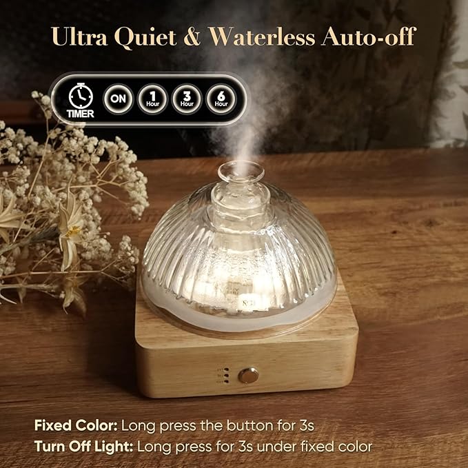 Glass Dome Essential Oil Diffuser with Glass Reservoir & Wood Base-No Plastic, 200ml Ultrasonic Diffuser for Aromatherapy with Timer 7 Color Light Auto-Off for Home Office Yoga Pilates - Bloomnest