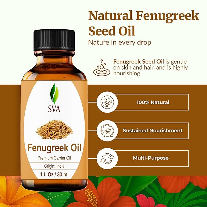 SVA Fenugreek Seed Oil - 1 Fl Oz – 100% Natural Cold Pressed Fenugreek Oil - for Face, Skin Care, Hair Care, Scalp Massage & Body Massage – Carrier Oil with Dropper - Bloomnest