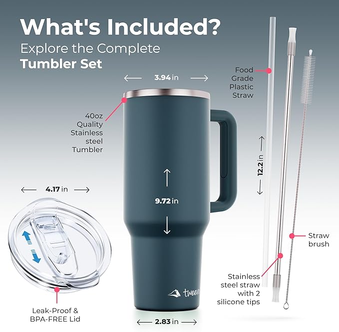 40 oz Tumbler With Handle and Straw Made of Stainless Steel - Double Wall Vacuum Insulated Tumbler With Lid - Sweat Proof Easy Grip, BPA-Free, Dishwasher Safe Tumbler (Charcoal) - Bloomnest