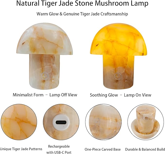 Marble Touch Table Lamp 4.3" x 4.7" – Natural Onyx Mushroom LED Night Light, Rechargeable Soft Glow Stone Bedside Lamp for Meditation, Yoga, Bedroom, Entryway Decor - Bloomnest