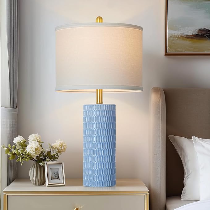 27" Blue Ceramic Lamps Set of 2, Coastal Ceramic Table Lamps for Living Room with Rotary Switch, Classic Bedside Lamp for Nightstand, Tall Lamps for Bedroom Side End Table Home Decor - Bloomnest
