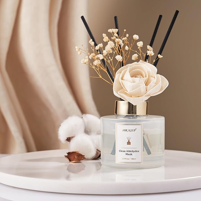 Airkeep Flower Reed Diffusers Set, 5.07 oz Clean Aldehydes Musk Scented Oil Diffuser with 8 Reed Sticks, Home Fragrance Diffuser Gift Set for Bathroom & Office Decor 150ml - Bloomnest