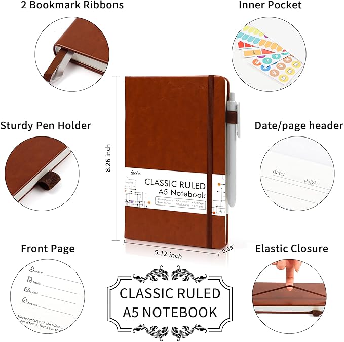 12 Pack Notebooks Journals Bulk with 12 Black Pens, Feela A5 Hardcover Notebook Classic Ruled Journal Set with Pen Holder for School Business Work Travel Writing, 120 GSM, 5.1”x8.3”, Brown - Bloomnest