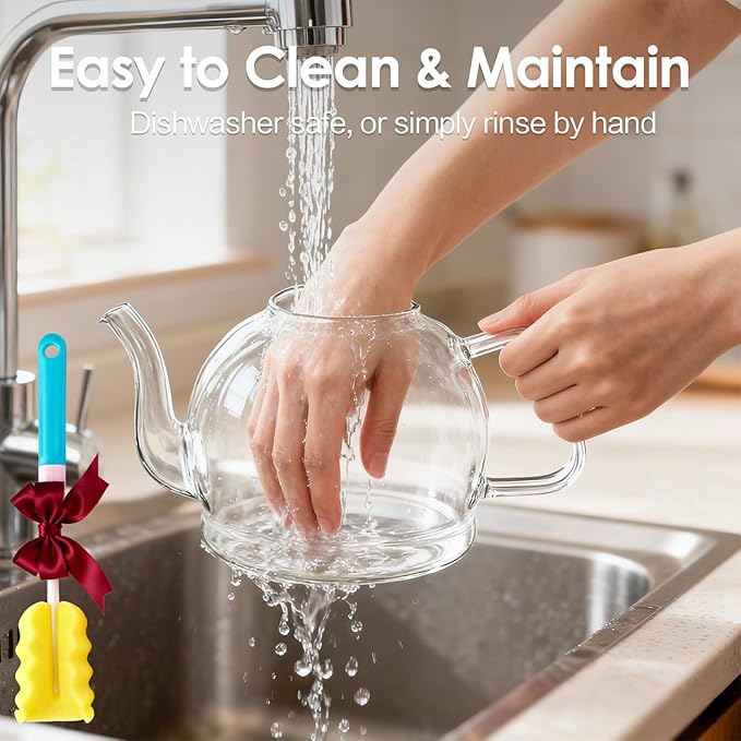 1800ml Glass Teapot with Infuser, Stovetop Safe Large Tea Pot, Hand Crafted Borosilicate Glass Tea Kettle, Blooming and Loose Leaf Tea Maker for Tea Lovers, Tea Gift Set with Cleaning Brush - Bloomnest