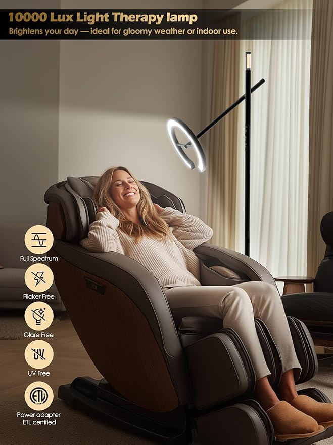 Happy Light Therapy Lamp, 10000 Lux UV-Free Full Spectrum Sunlight Floor Lamp with Remote & App Control, Adjustable Brightness & Color Temps 2700-6500K, 2 in 1 LED Sun lamp for Living Room Home Office - Bloomnest