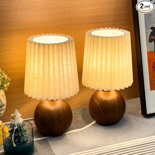 Small Pleated Table Lamp Set of 2 for Bedroom, Mini Bedside Lamps for Nightstand with Round Fabric Linen Shade, Dimmable Desk Lamp, Cute Table Lamps for Small Spaces for Living Room, Kids Room - Bloomnest