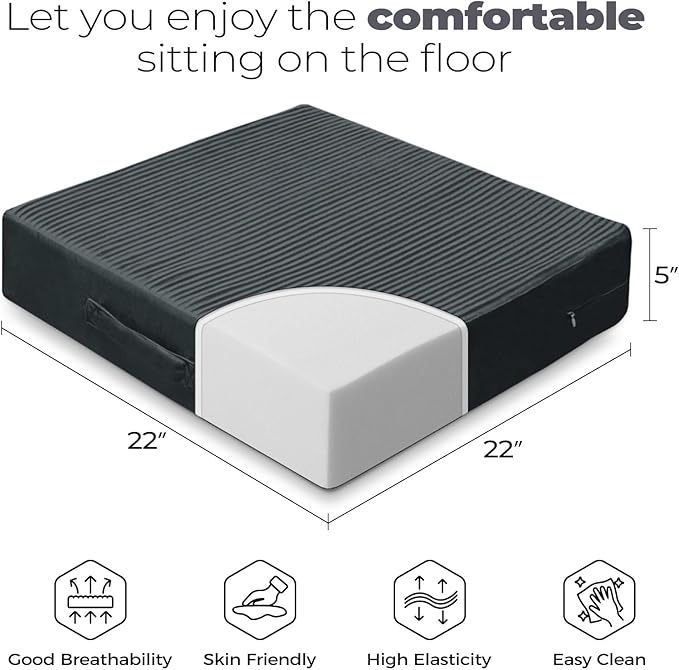 Large Floor Pillows for Adults, Thick Meditation Floor Cushions for Sitting Yoga, 22x22x5 Foam Seat Cushions Set of 2 for Furniture, Floor Pillow with Pleated Velvet Removable Cover, Grey