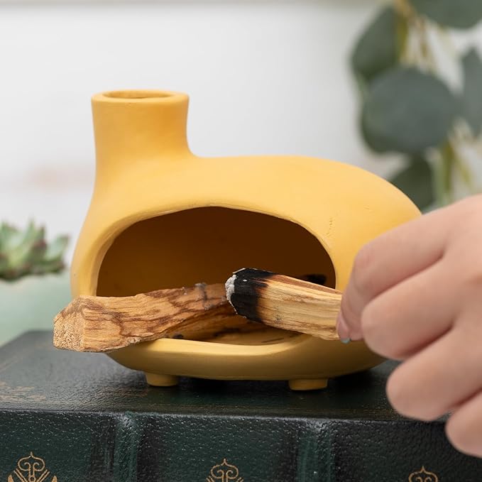 Yellow Palo Santo Holder with Chimney–Mini Fireplace Incense Burner for Sage Burning, Wood Sticks, Cones&Tealights-Handcrafted Ceramic Smudge Bowl,Aromatic Incense Burner-Yoga Meditation Gift - Bloomnest