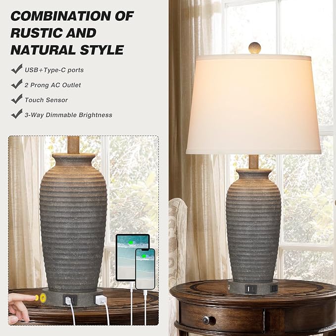 25" Farmhouse Jar Table Lamps Set of 2, 3 Way Touch Control Rustic Bedside Lamps with USB A+C Ports & AC Outlet, Pot Nightstand Lamps for Bedroom Living Room (LED Bulbs Included) - Bloomnest