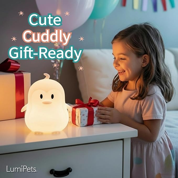Lumipets Remote Control Silicone Night Light for Kids - Penguin Design with 9 Soft Colors & Sleep Timer - Rechargeable, Battery-Operated Lamp for Bedroom | Baby Nursery, Toddler, Girls, Boys - Bloomnest