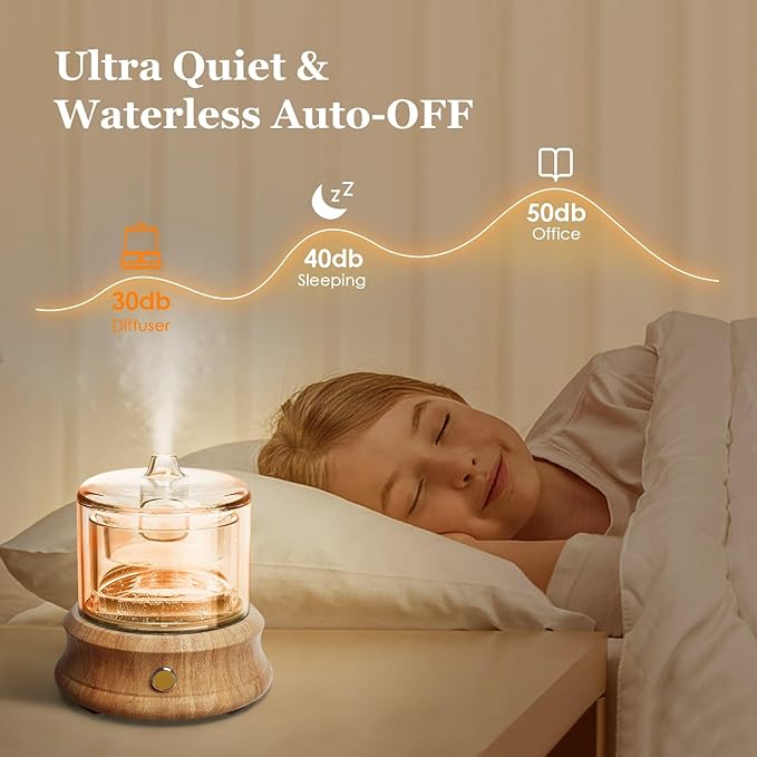 80ML Glass Essential Oil Diffuser with Glass Reservoir & Wood Base, Small Ultrasonic Aroma Diffusers with Auto-Off 7 Color for Home Office Bedroom Yoga