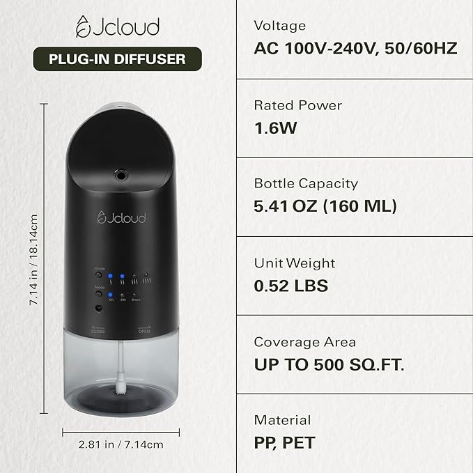 JCLOUD 2025 Plug in Diffuser | Cover Up to 500 Sq. Ft. for Home, Office, Spa – Portable Smart Wall Diffuser 160ML, Black with Royal Serenity Essential Oil Inspired by Luxury Hotel - 140mL - Bloomnest