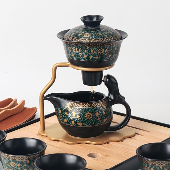 Bsigo Lazy Kungfu Ceramic Tea Set Semi Automatic Drip Rotating with Infuser Ceramic Teapot Set (4 cups), Magnetic Water Diversion Semi-Automatic Teapot Set Chinese Gongfu Porcelain Tea Pot Set - Bloomnest