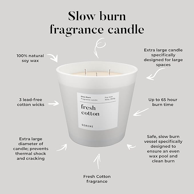 Hidden Label Large Scented Candle, Fresh Cotton, 30oz 3 Wick Huge Candle, Serene Collection Slow Burn Natural Soy Candles for Home Scented - Bloomnest