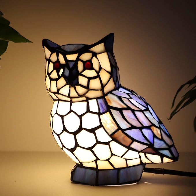 Tiffany Owl Lamp Blue and White Stained Glass Animal Table Lamp Accent Lamp - Bloomnest