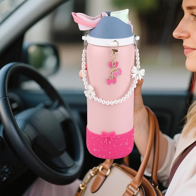 Water Bottle Accessories Set for Owala FreeSip 24oz、32 oz– Includes Pearl Handle Strap, Bow Charms,2.9in .3inch Silicone Bling Boot for Owala Accessories for Women Bloomnest