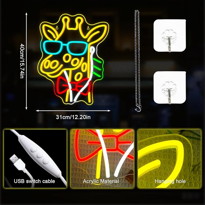 Lucunstar Giraffe Neon Sign Music LED Sign for Wall Giraffe Decor for Bedroom Studio Live House Animal Neon Light Up College Room Music Gifts for Animal Lovers Teens - Bloomnest