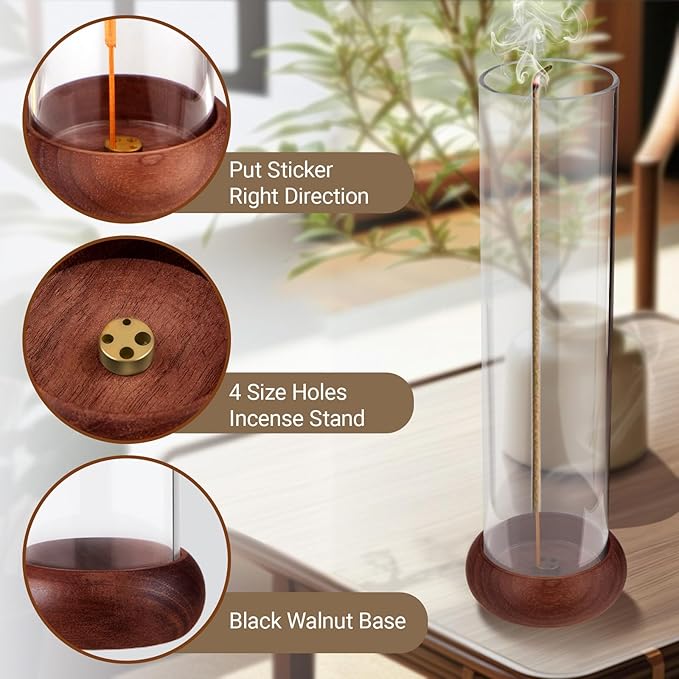 Incense Holder,Walnut Wooden Incense Stick Holder with Detachable Glass Ash Catcher,Incense Bunner for Stick for Meditation Yoga Spa Gift - Bloomnest
