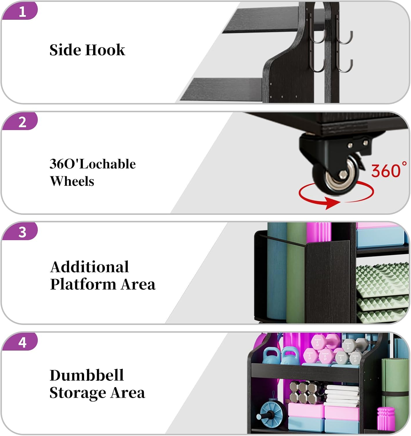 Weight Rack for Dumbbells, Home Gym Organizer Rack Yoga Mat Holder with Wheels and Hooks, All in One Workout Storage for Yoga Mat, Foam Roller, Gym Storage Storage for Home Exercise(Wood)