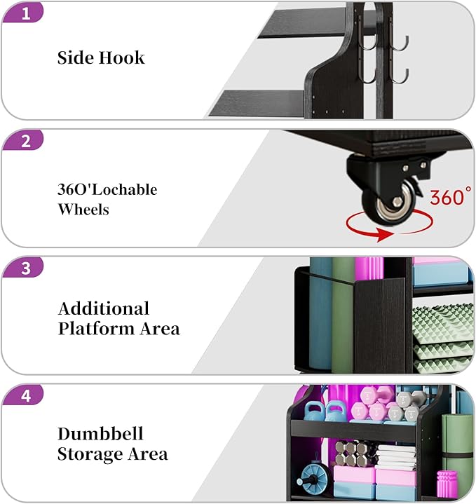 Weight Rack for Dumbbells, Home Gym Organizer Rack Yoga Mat Holder with Wheels and Hooks, All in One Workout Storage for Yoga Mat, Foam Roller, Gym Storage Storage for Home Exercise(Wood) - Bloomnest